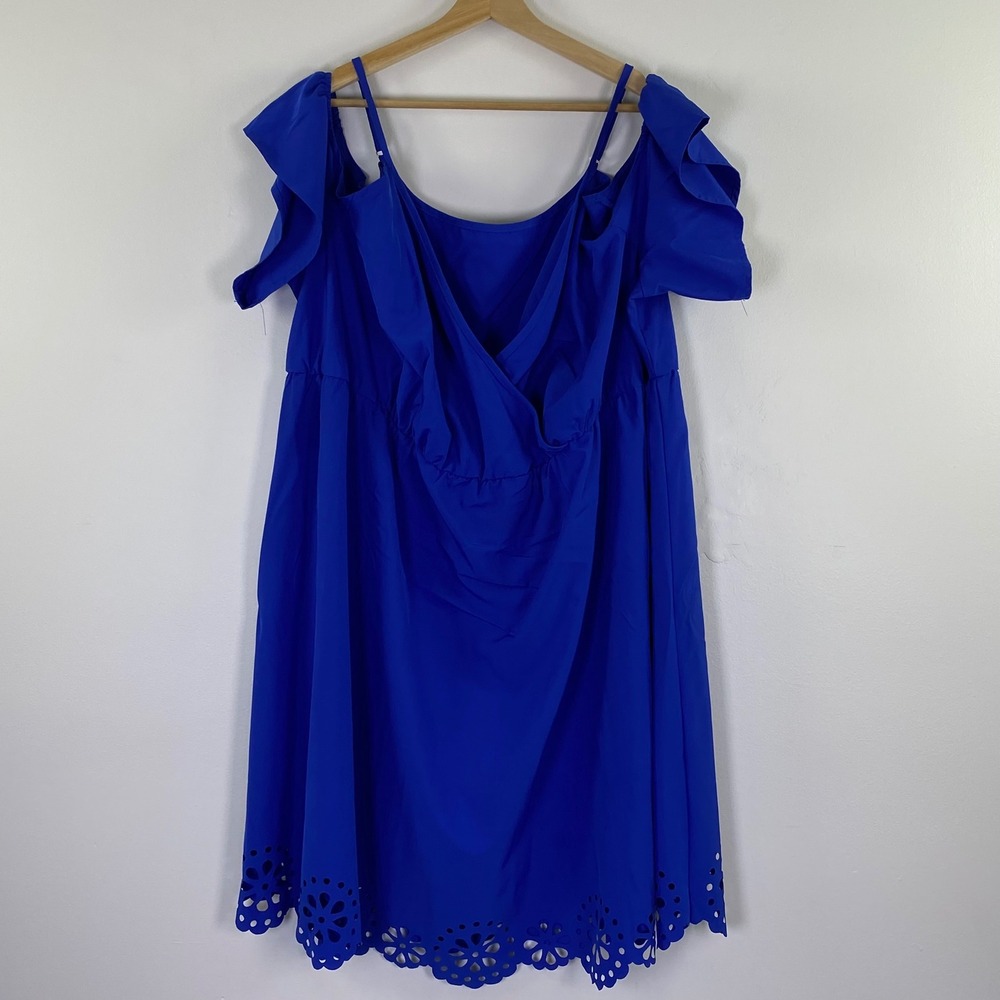 SHEIN Curve Cold Shoulder Dress Womens 6X Blue Eyelet Hem Surplice Boho